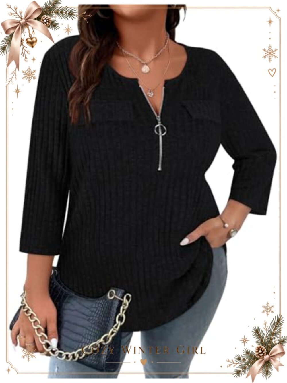 Plus Size Quarter Zip V Neck Ribbed Tunic Sweater Top 3/4 Sleeve